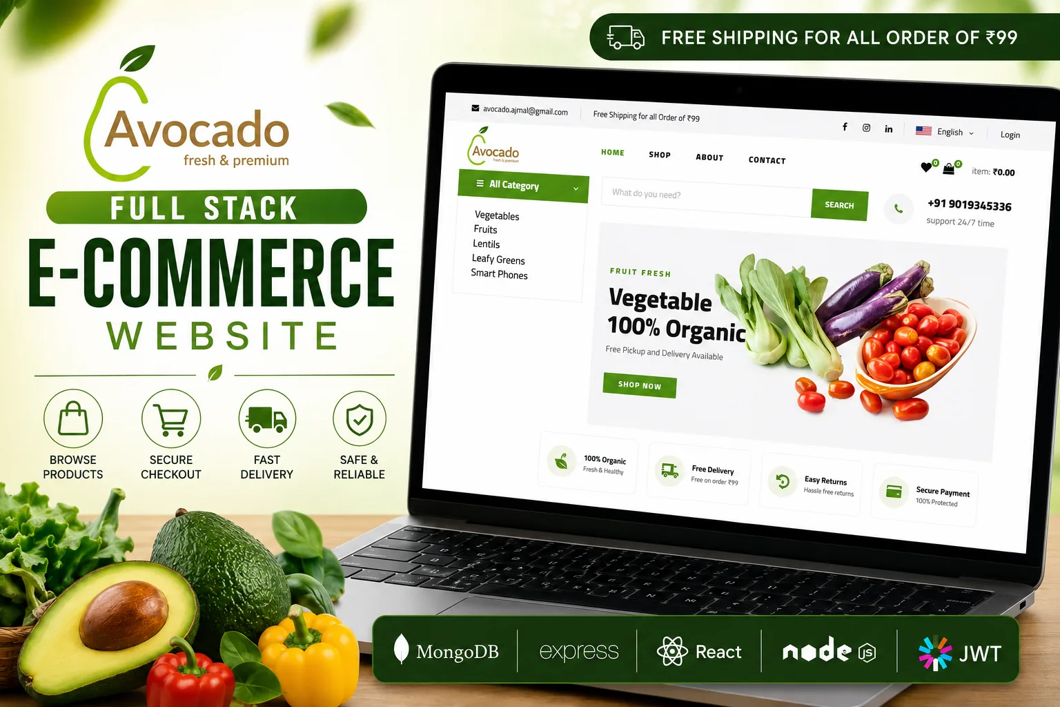 Avocado e-commerce homepage showing organic produce listings